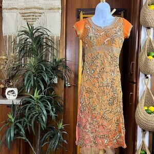 Vivaah Y2K Ombre Beaded Midi Dress XS Orange Indian Fusion Formal Wedding Guest